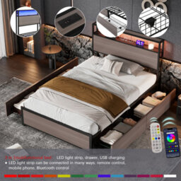 Metal Bed, 3Ft Single Bed 90X190Cm, With Led Light Strip And 4 Drawerss, 2 Usb Port+1 Type C, Wrought Iron Bed, Grey - thumbnail 5