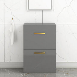 Royal Bathrooms Turin 600mm Indigo Grey Gloss Floor Standing Worktop Vanity Unit - 2 Drawer With Brushed Brass Handle - thumbnail 1