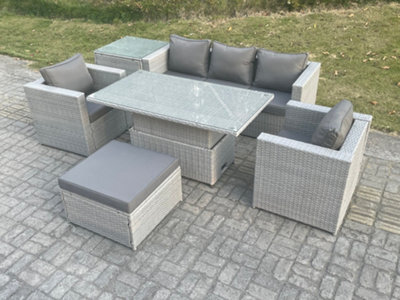 Fimous Rattan Garden Funiture Set Adjustable Rising Lifting Table Sofa Dining Set With 2 Arm Chair Side Table Big Footstool - image 1