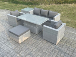 Fimous Rattan Garden Funiture Set Adjustable Rising Lifting Table Sofa Dining Set With 2 Arm Chair Side Table Big Footstool - thumbnail 3