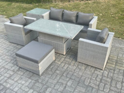 Fimous Rattan Garden Funiture Set Adjustable Rising Lifting Table Sofa Dining Set With 2 Arm Chair Side Table Big Footstool - thumbnail 2