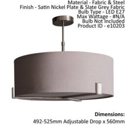 Ceiling Pendant Light Satin Nickel Plate & Slate Grey Fabric 3 X 10W Led E27 - thumbnail 2