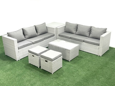 Fimous Garden Outdoor Pe Rattan Furniture Set 8 Seater Rattan Garden Sofa Set 2 Small Stool Side Table Light Grey - image 1