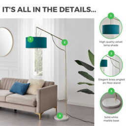Furniturebox Uk Danielle Arc Lamp With Teal Velvet Shade And A Brass And Marble Base - thumbnail 2