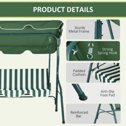 Outsunny 3-Person Garden Swing Chair W/ Adjustable Canopy, Green Stripes - thumbnail 5