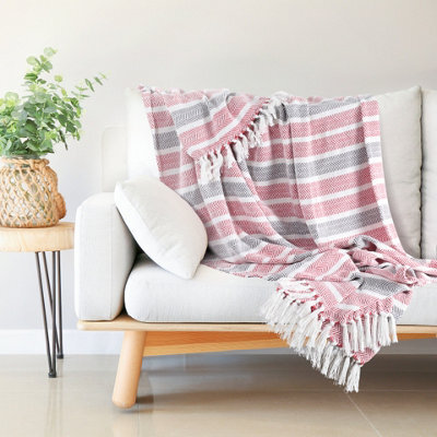 Ehc Stripe Cotton Throw For Double Bed Sofa Couch,150 X 200 Cm, Red / Grey - image 1