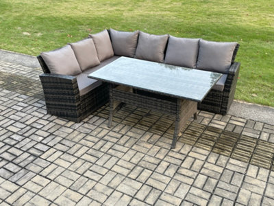Fimous 6 Seater Garden Rattan Furniture Corner Dining Set Rectangular Dining Table Indoor Outdoor Lounge Sofa Set - image 1