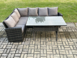 Fimous 6 Seater Garden Rattan Furniture Corner Dining Set Rectangular Dining Table Indoor Outdoor Lounge Sofa Set - thumbnail 2