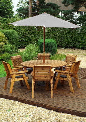 Charles Taylor Trading Charles Taylor 6 Seater Wooden Round Dining Table & Chairs Set Grey Cushion - image 1
