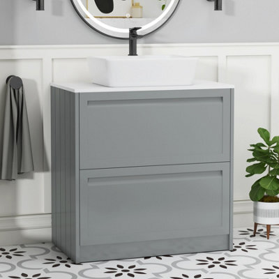 Royal Bathrooms Royal Bathroom Elmore 800mm Matt Pebble Grey Freestanding Bathroom Vanity Unit 2 Drawer Plain White Worktop With Cube Basin - image 1