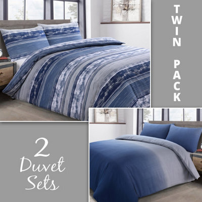 Velosso Chic Bedroom Decor Navy Duvet Cover & Pillowcase Set, Modern Stripe With Button Enclosure, Easy-Care Twin Pack Linen Set - Navy
