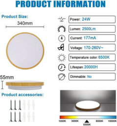 Led Ceiling Light Cold White Flush Mount 34Cm Round Wood Effect - thumbnail 2