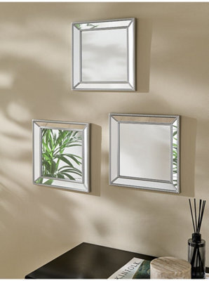 Deenz Set Of 3 Square Mirror Silver Beaded Angled Bordered Frame Plastic & Clear Glass Metallic Collection Home Decoration 30X2 Cm