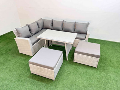 Fimous Garden Outdoor Rattan Furniture Set Rattan Corner Sofa Oblong Dining Table Set With 2 Big Footstools 8 Seater - image 1
