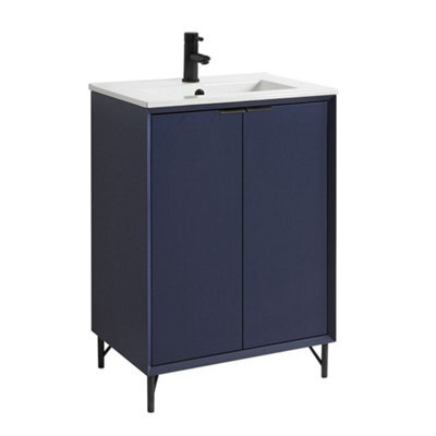 Homestylestore Navy Blue 610mm Bathroom Vanity Unit With Basin And Black Finger Pull Handle - image 1