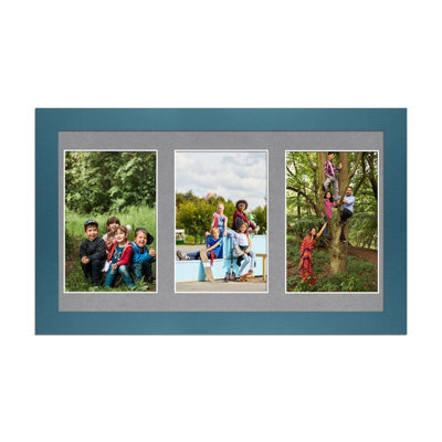 AK Frames 40X20Cm Navy Blue Modern Multi Photo Frame With Mid Grey Mount - Holds 3 Apertures (3X) 6X4 Photos - image 1