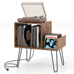 Costway Record Player Stand Holds Up To 145 Albums Modern End Table W/ Power Outlet - thumbnail 1