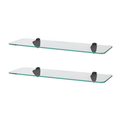 Harbour Housewares 2X Rounded Floating Glass Shelves - 50Cm - Black Brackets - Bathroom Shower Storage Vanity Display Unit Shelf - image 1