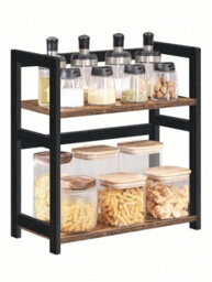 Songmics Spice Rack Ofs046B01, 2 Tier Storage Rack, Desktop Organiser, Bamboo Frame, For Kitchens, Rustic Brown And Black - thumbnail 9