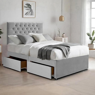 Silver Plush 4Ft Small Double Bed With Matttress  2 Storage Drawers And 20 Inch Chesterfield Headboard - image 1