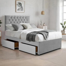 Silver Plush 4Ft Small Double Bed With Matttress  2 Storage Drawers And 20 Inch Chesterfield Headboard - thumbnail 1
