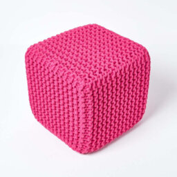 Homescapes Hot Pink Cube Cotton Knitted Pouffe Footstool - thumbnail 3