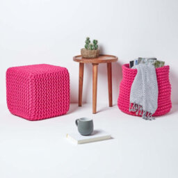Homescapes Hot Pink Cube Cotton Knitted Pouffe Footstool - thumbnail 6