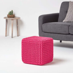 Homescapes Hot Pink Cube Cotton Knitted Pouffe Footstool - thumbnail 2