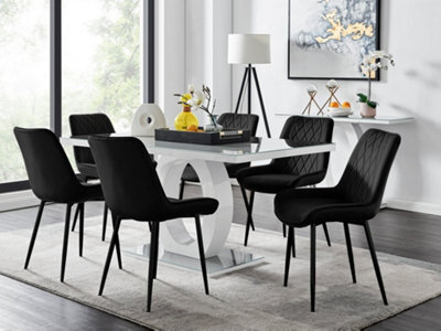 Furniturebox Giovani Rectangular 6 Seat White High Gloss Unique Halo Base Dining Table Grey Glass Top 6 Black Velvet Black Leg Pesaro Chairs - image 1