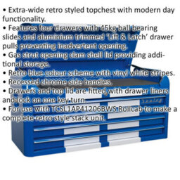 Retro Blue 4 Drawer Tool Chest With Lockable Storage - 1080 X 450 X 495mm - thumbnail 2