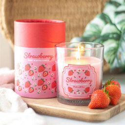 Strawberry Scented Candle In Floral Glass & Wooden Lid - thumbnail 1