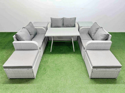 Fimous Rattan Garden Furniture Dining Set 8-Seater Patio Rectangular Table Love Sofa Set With 2 Side Tables 2 Big Stools - image 1