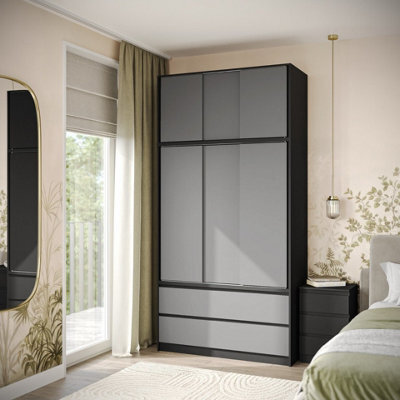 Urbn-Living Urbnliving 240Cm Height Black Carcass 6 Sliding Grey Door 4 Drawer Freestanding Wardrobe Clothes Storage Hanging Rail Bedroom - image 1