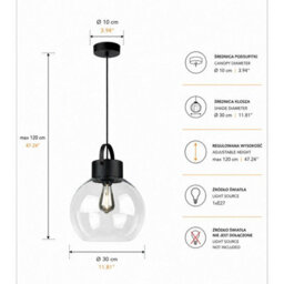 Luminosa Lighting Luminosa Hanson Dome Pendant Ceiling Light Black Transparent Glass Shade 1X E27 - thumbnail 4