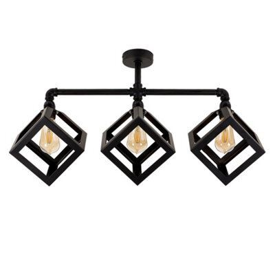 Valuelights Luiggi Industrial Satin Black 3 Way Bar Pipework Ceiling Light With Black Metal Shades - image 1