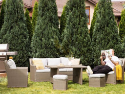 Beliani Garden Lounge Set With Table And Ottoman 5 Seater Fonti With Cushions Pe Rattan Taupe - thumbnail 2