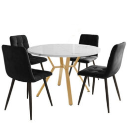 Btm 5 Piece Dining Set, Round Marble Table With Gold Metal Legs  4 Ergonomic Velvet Chairs, Black Dining Chairs - thumbnail 3