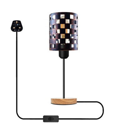 Modern Wooden Stand Bedside Table Lamp With Metal Cage , On Off Switch Brushed Copper Lamp