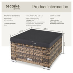 Tectake Footstool Bitonto - Durable, Uv-Resistant Polyrattan Chair, 53 X 53 X 26 Cm - Nature - 1 - thumbnail 6