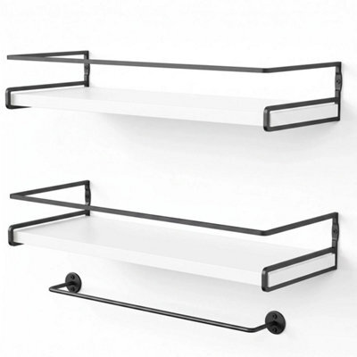 White And Black Set Of 2 Floating Shelf W/ Towel Rail Kitchen Bedroom Organiser Bathroom Shelf - image 1