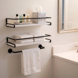 White And Black Set Of 2 Floating Shelf W/ Towel Rail Kitchen Bedroom Organiser Bathroom Shelf - thumbnail 3