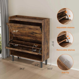 Wooden Hidden Shoe Cabinet 2 Flip Drawers Adjustable Shelves - thumbnail 2