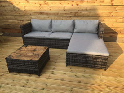 Samuel Alexander 3Pc 4 Seater Brown Rattan Chair Garden Sofa Set Daybed With Grey Cushions And Glass Top Coffee Table - image 1