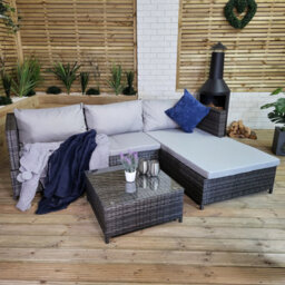 Samuel Alexander 3Pc 4 Seater Brown Rattan Chair Garden Sofa Set Daybed With Grey Cushions And Glass Top Coffee Table - thumbnail 8
