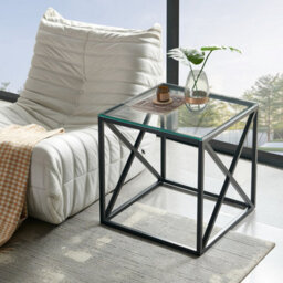 The Furniture Market Monza Glass Side Table 55Cm Square Clear Glass Top, Black Cross Frame Design, Adjustable Foot Pads Modern Living Room Lamp Table - thumbnail 2
