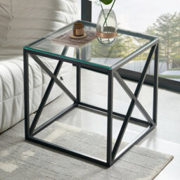 The Furniture Market Monza Glass Side Table 55Cm Square Clear Glass Top, Black Cross Frame Design, Adjustable Foot Pads Modern Living Room Lamp Table