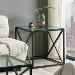 The Furniture Market Monza Glass Side Table 55Cm Square Clear Glass Top, Black Cross Frame Design, Adjustable Foot Pads Modern Living Room Lamp Table - thumbnail 3