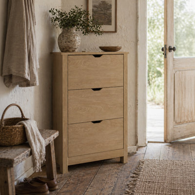 Wyld Haus Nesela Slim Natural Wood-Effect Shoe Cabinet 3 Flip Drawers For Up To 18 Pairs - image 1