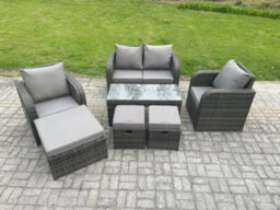 Fimous 7 Seater Rattan Lounge Sofa Set Outdoor Garden Furniture Set With Rectangular Coffee Table Love Sofa 3 Footstools - thumbnail 1