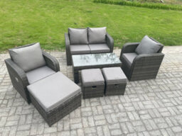 Fimous 7 Seater Rattan Lounge Sofa Set Outdoor Garden Furniture Set With Rectangular Coffee Table Love Sofa 3 Footstools - thumbnail 2